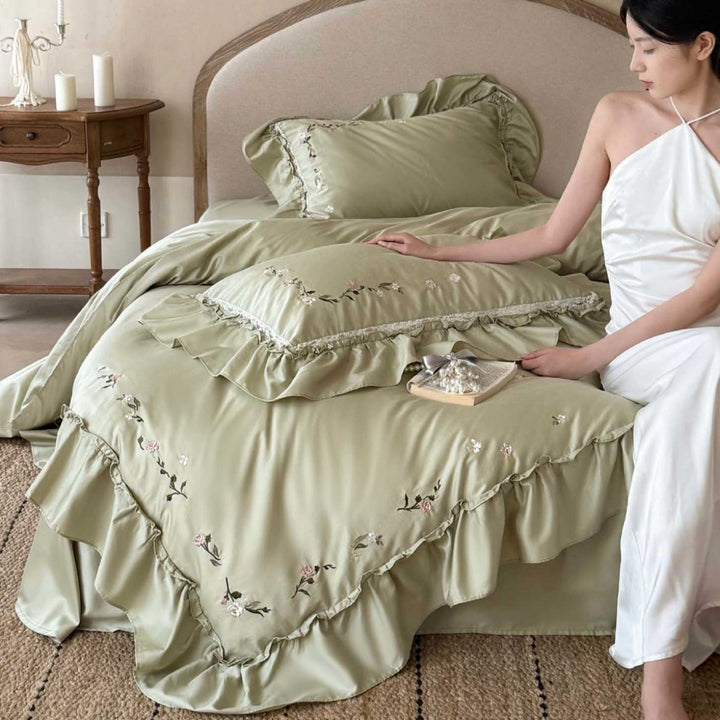 Rüsch Satin-Feel bestickte Bettbezug Set mit Kissenbezügen
