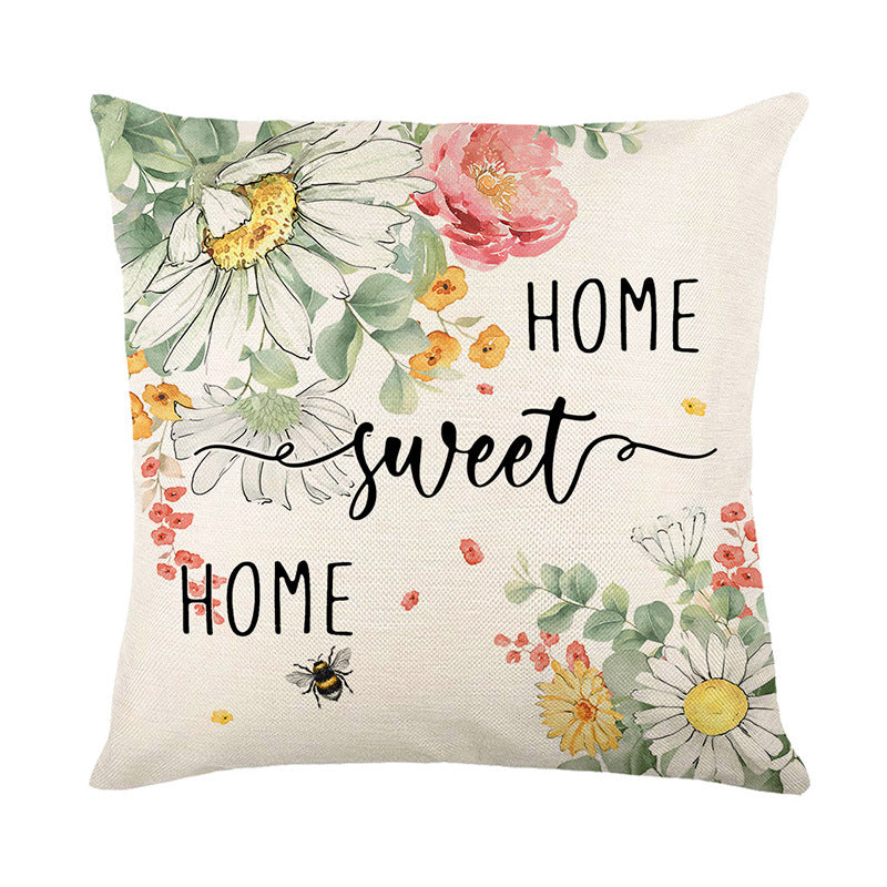 Quadratisches Baumwoll-Leinen-Wurfkissenbezug mit Aquarell-Gänseblümchen Bienenillustration & 'Home Sweet Home' Schriftzug