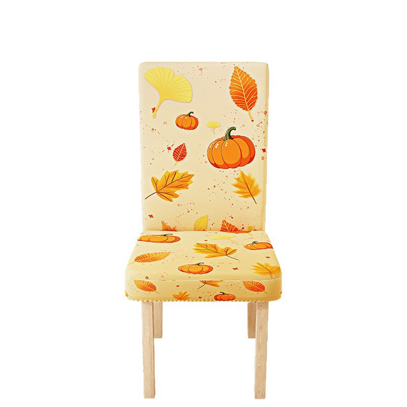 Stretch-Stuhlhusse mit herbstlichem Kürbis- und Blättermotiv