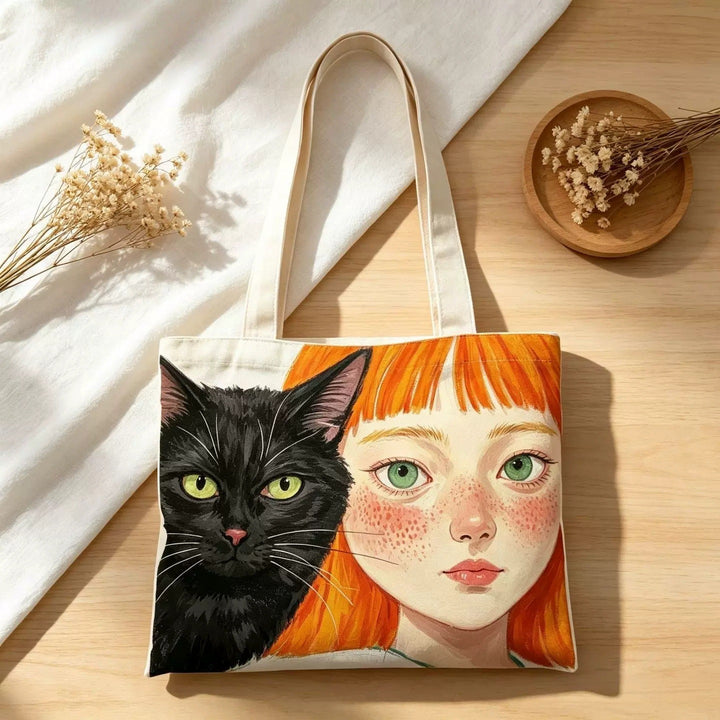 Illustrierte Katze und Junge Canvas Tragetasche