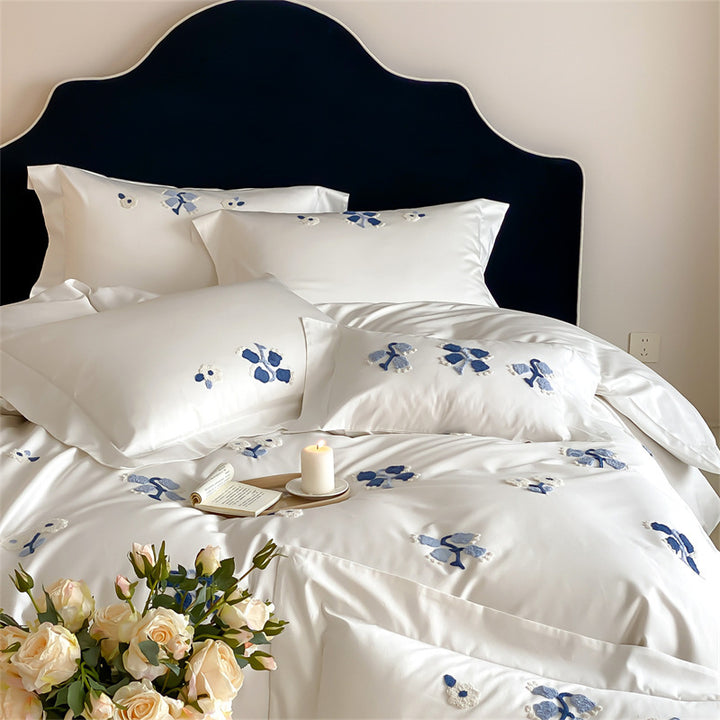 Bestickte florale Applikation Satin Bettbezug Set mit verdecktem Verschluss und Eckbindern