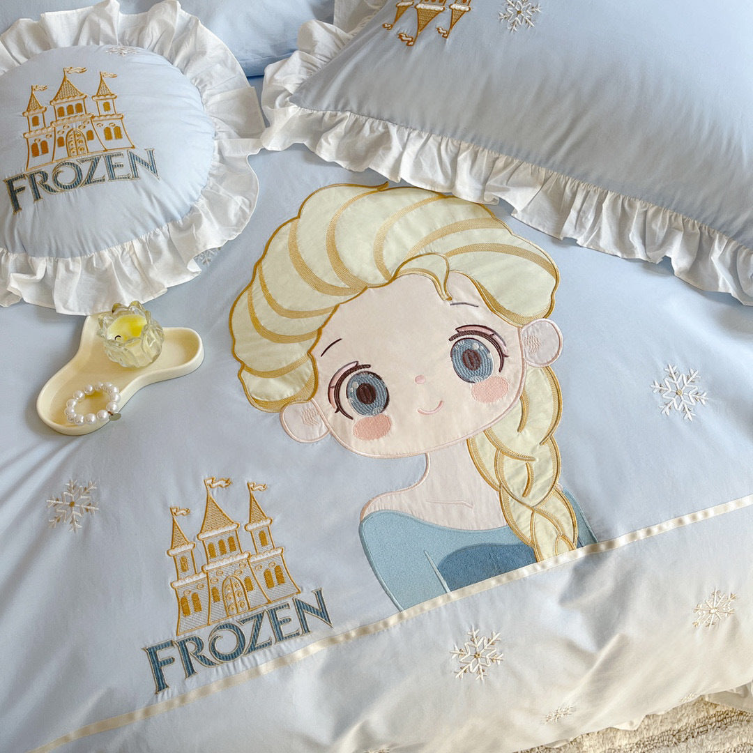 Prinzessin Frozen Bestickter Rüschender Baumwoll Bettbezug Set mit Dekorativen Wurfkissen
