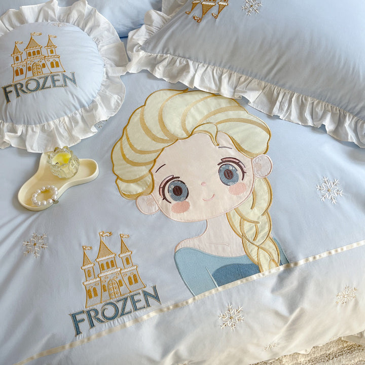 Prinzessin Frozen Bestickter Rüschender Baumwoll Bettbezug Set mit Dekorativen Wurfkissen