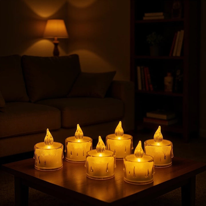 Dekoratives flammenloses LED Teelichtkerzen-Set mit realistischen Wachstropfen-Glashaltern Karnz