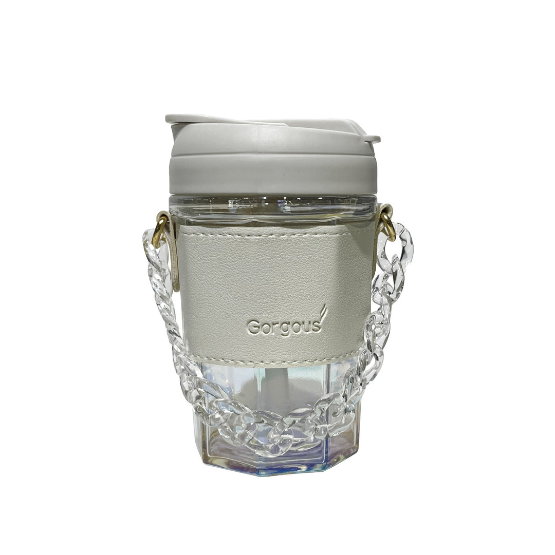 Damen Trinkbecher mit elegantem Ledergriff und praktischer Tragekette Karnz