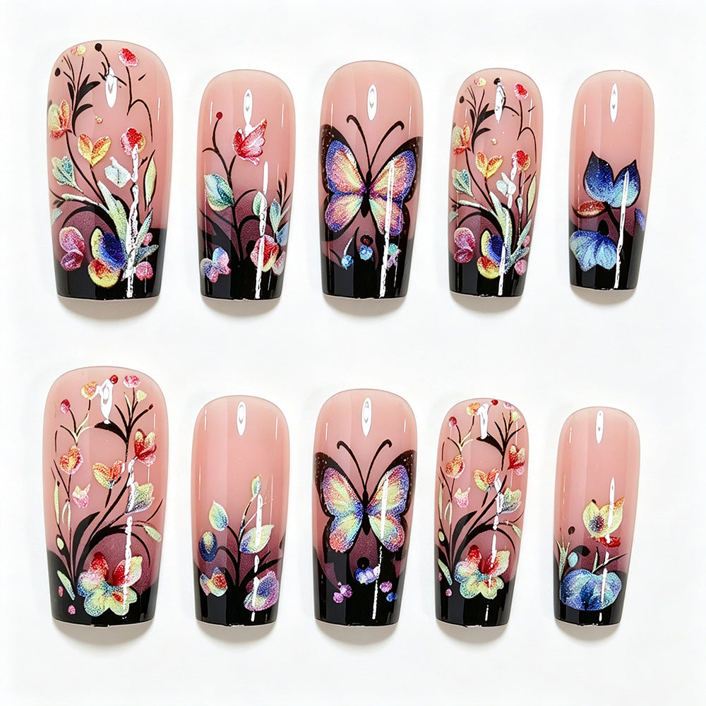 Künstlerische Blumen- und Schmetterlings-Press-On-Nagelkunst Karnz