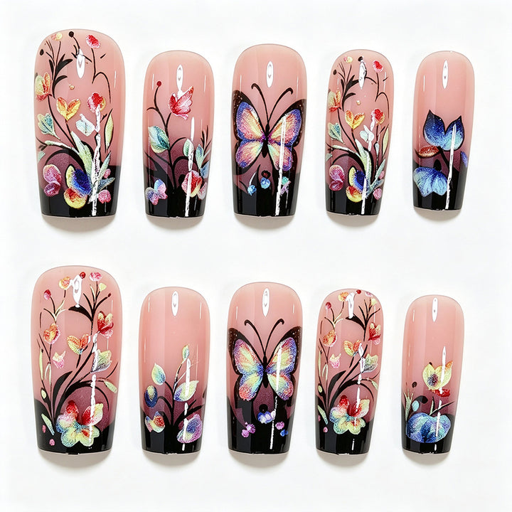 Künstlerische Blumen- und Schmetterlings-Press-On-Nagelkunst Karnz