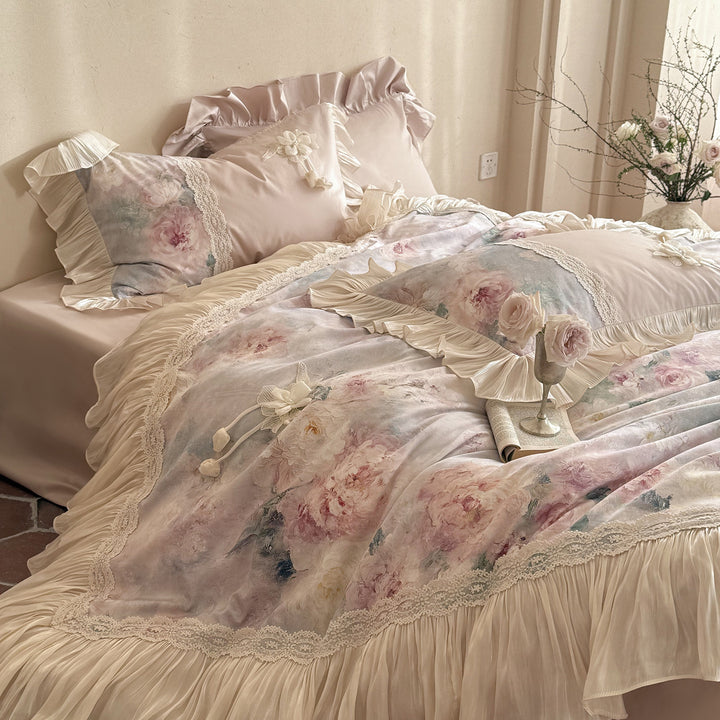 Satin-Bettwäsche-Set mit Blumendruck, Rüschen und Spitzenbesatz