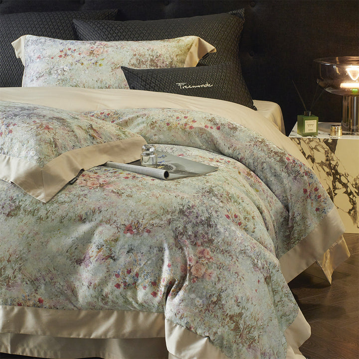 Umkehrbare Wasserfarben Blumen Sateen Bettbezug Set mit Satinbesatz