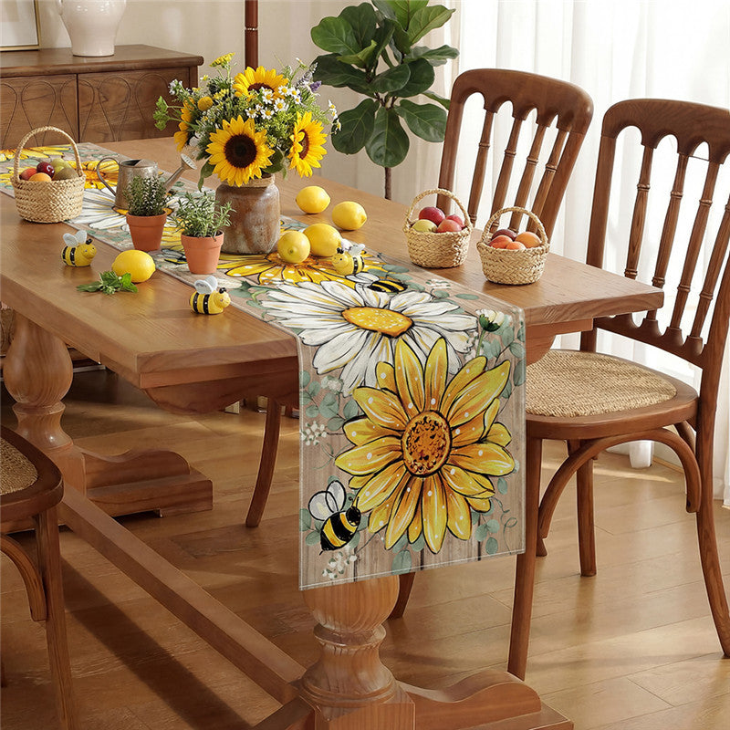Dekorativer Baumwoll-Leinen Frühlings-Blumen Tischläufer mit rustikalem Holz-Querstück und Sonnenblumen-Druck