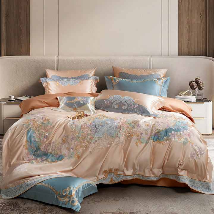 Besticktes Luxus Satin-Feel Bettbezug Set mit verstecktem Reißverschluss & Oxford Kissenbezügen