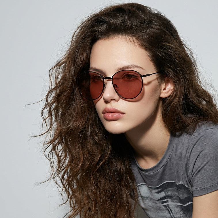 Damen runde Sonnenbrille mit schmalem Metallrahmen und polarisierten Gläsern Karnz