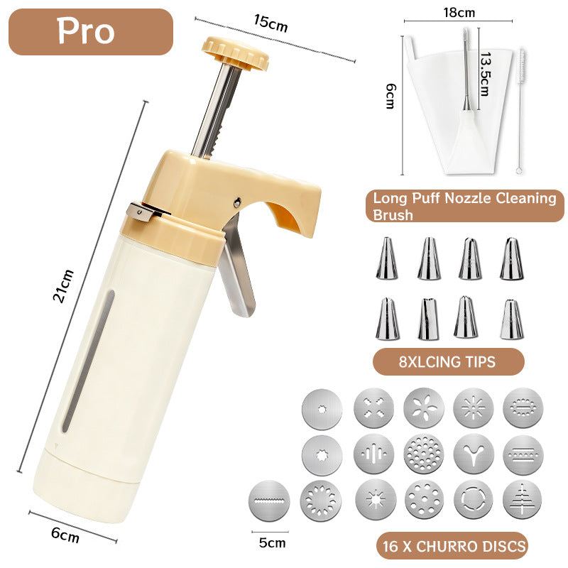 Handheld Cookie Press and Churro Maker with Assorted Piping Discs and Stainless Nozzles