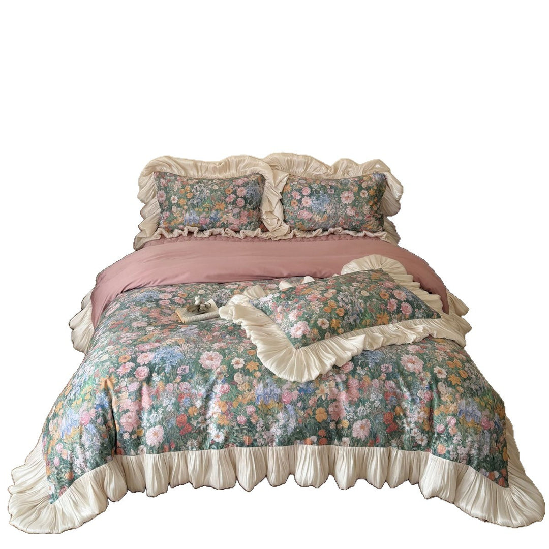 Florale Bettwäsche-Garnitur mit plissiertem Volant und Vintage-Blumenprint