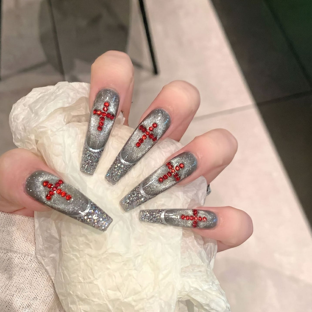 Luxus Glitter Press-On Nagelset mit Kristallakzenten Karnz
