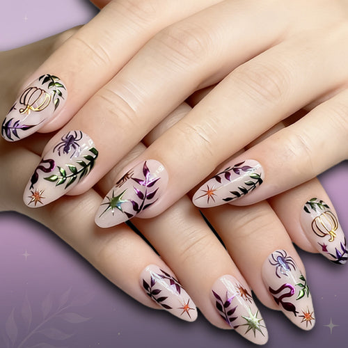 Künstlerisches Press-On Nagelset mit von Halloween inspirierten Designs Karnz