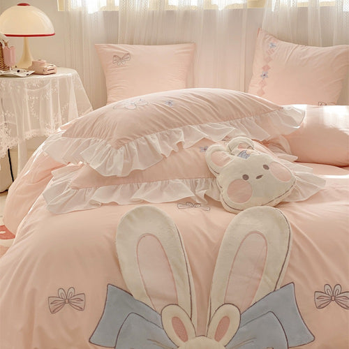 Bunny Applikation Rüsch Bettbezug Set mit dekorativen Kissenbezügen