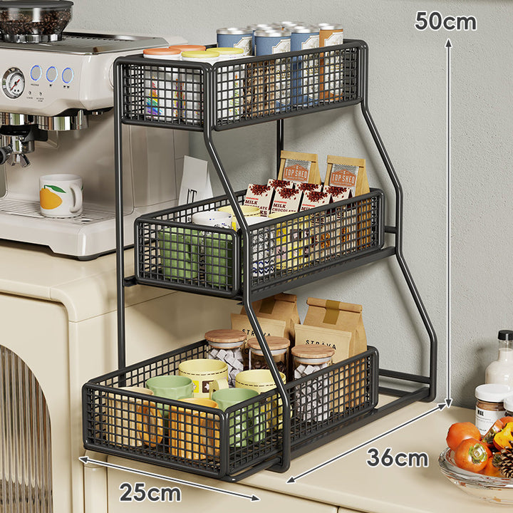 Dreiböckiger, schräger Metall-Mesh-Thekenregal-Organizer mit stapelbaren Drahtkörben