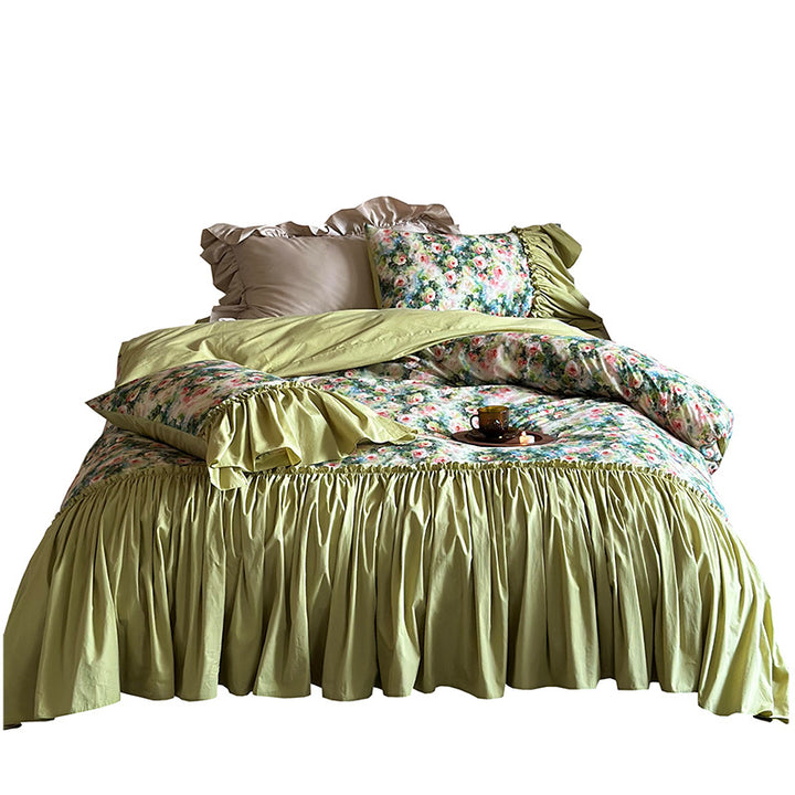 Luxuriöses Baumwoll-Bettwäsche-Set mit Volant, Rüschen und Aquarell-Rosenprint