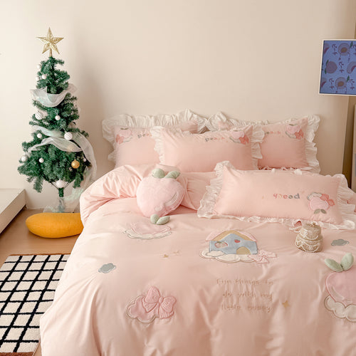 Embroidered Peach Appliqué Ruffled Duvet Cover Bedding Set with Decorative Pillow Shams