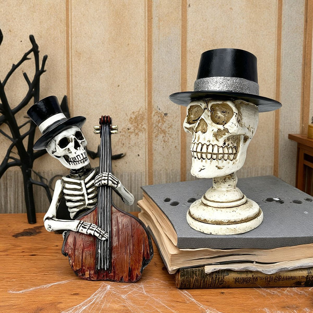 Stilvolle Skelettfigur mit Zylinder und schwarzer Rose Karnz