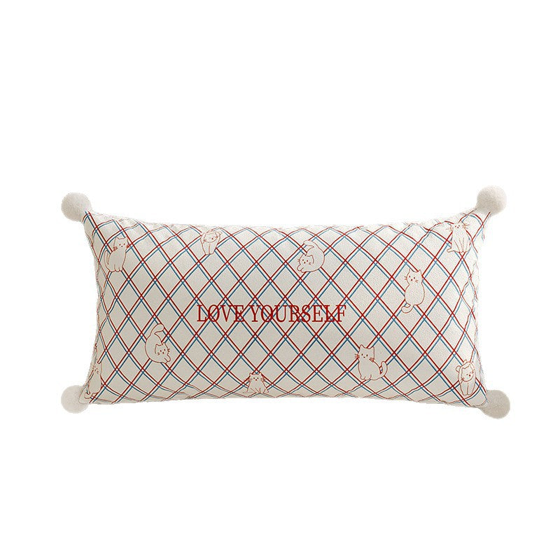 Rectangular Argyle-Pattern Lumbar Pillow Cover with Embroidered Slogan, Cat Motifs and Pom-Pom Corners