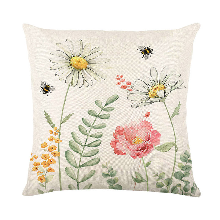 Quadratisches Baumwoll-Leinen-Wurfkissenbezug mit Aquarell-Gänseblümchen Bienenillustration & 'Home Sweet Home' Schriftzug