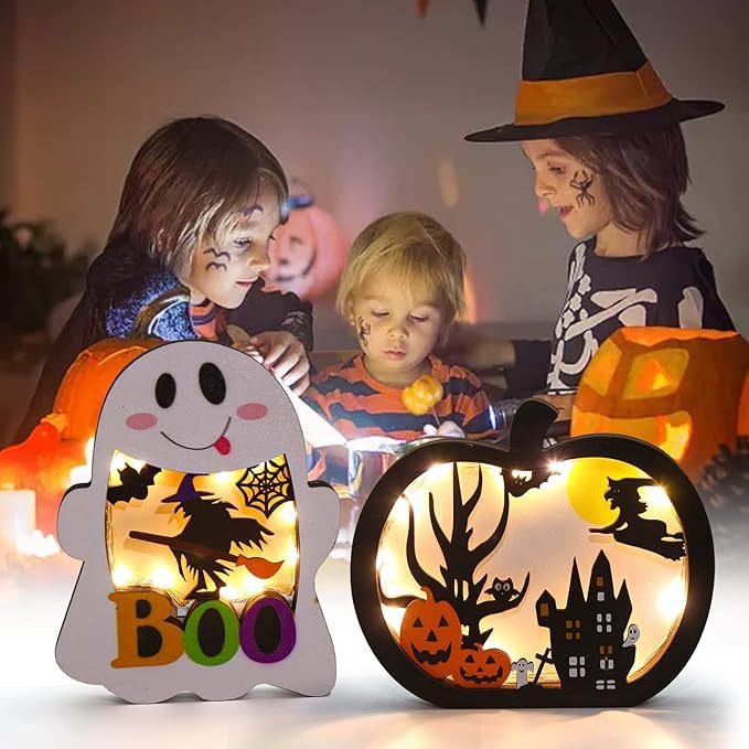 Holz-Deko-Set dreidimensionale Halloween-Schattenboxen mit LED-Beleuchtung und mehrlagigen Motiven