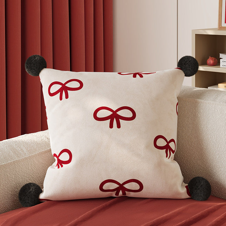 Decorative Square Pom-Pom Throw Pillow Cover with Jacquard Floral Motif