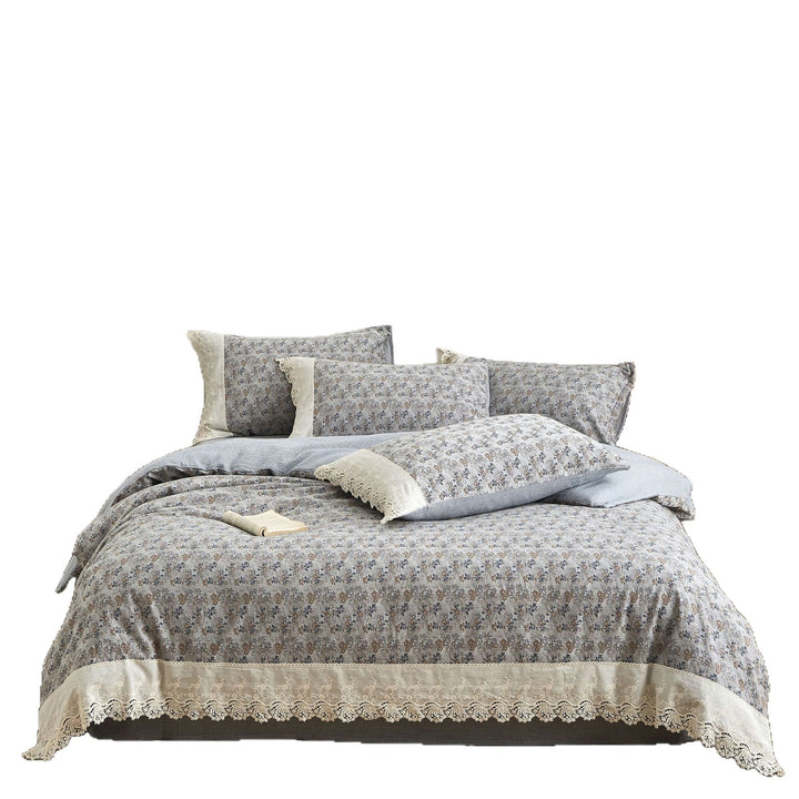 Bettbezug-Garnitur im Vintage‑Floral‑Design aus Baumwoll‑Leinen mit Spitzenbesatz