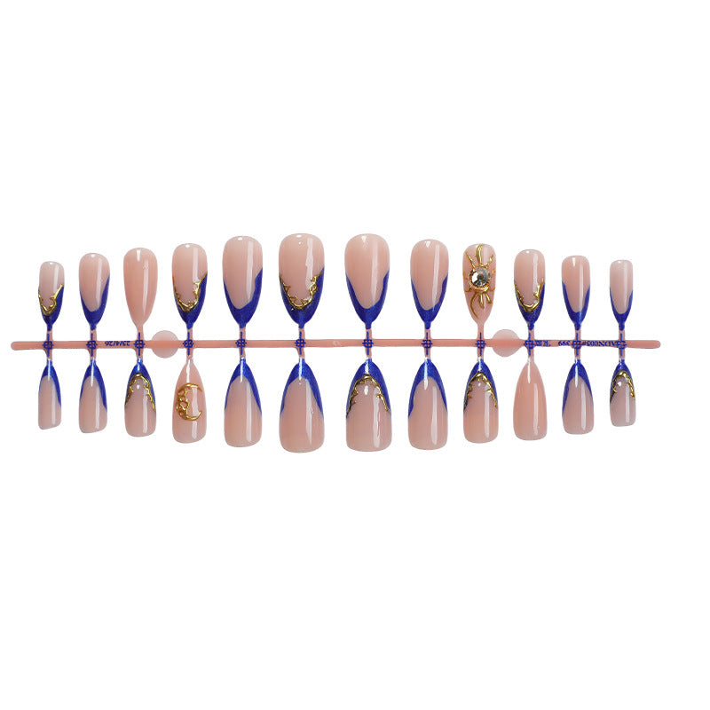 Premium Dekorativer Press-On Nagel Satz mit Gold und Blau Akzent Designs Karnz