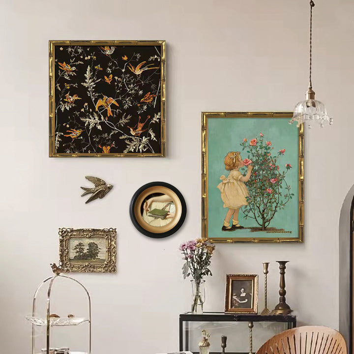 Gerahmter Vogel- und Blumen-Kunstdruck