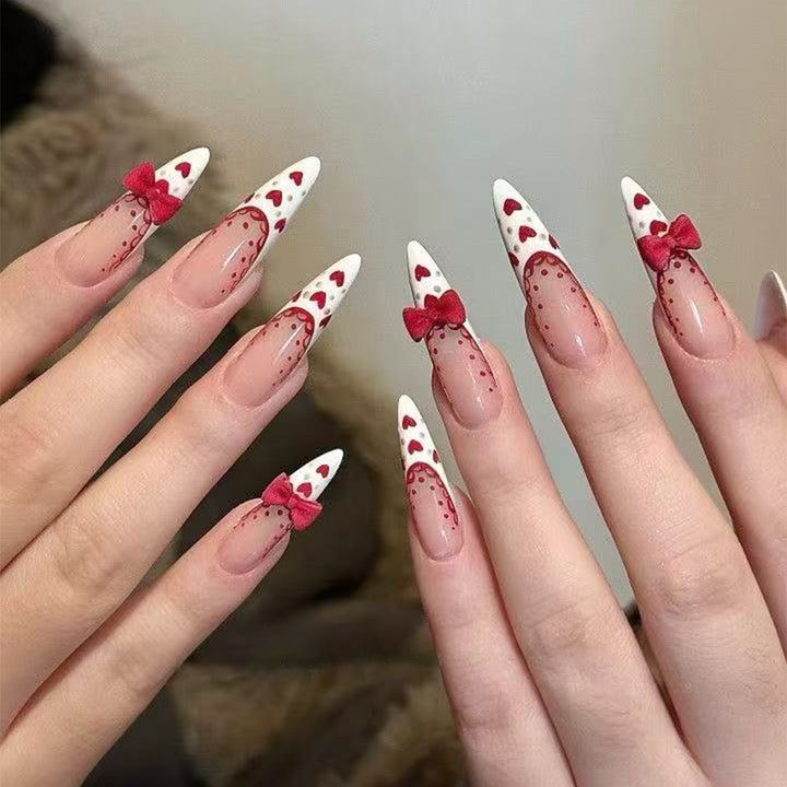 Stiletto Press-On Nail Art Set mit Herz- und Schleifen Design Karnz