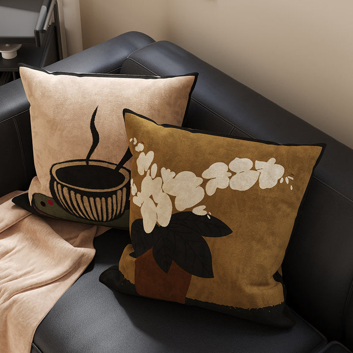 Decorative Square Velvet Throw Pillow Cover with Patchwork Quilted Stitch & Botanical Geometric Panels