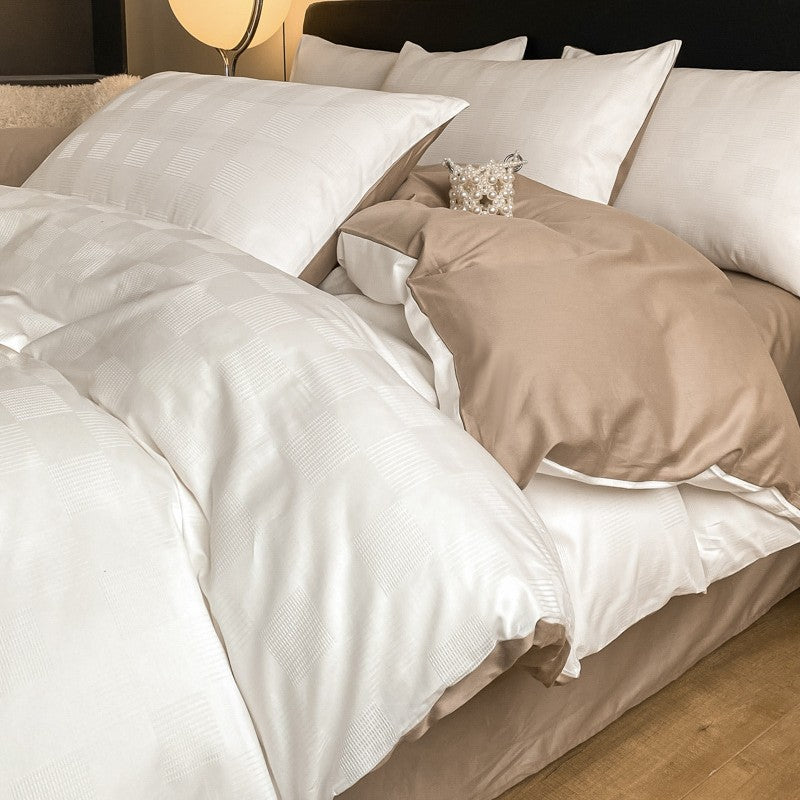 Luxuriöses Jacquard Karo Satin Bettwäsche Set mit Kissenbezügen und tiefem Spannbettlaken