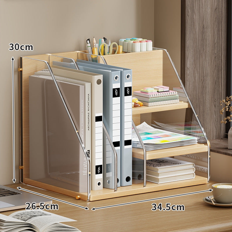Gestufter Schreibtisch-Organizer mit rauchigen Acryltrennwänden und Holzmaserung-Basis
