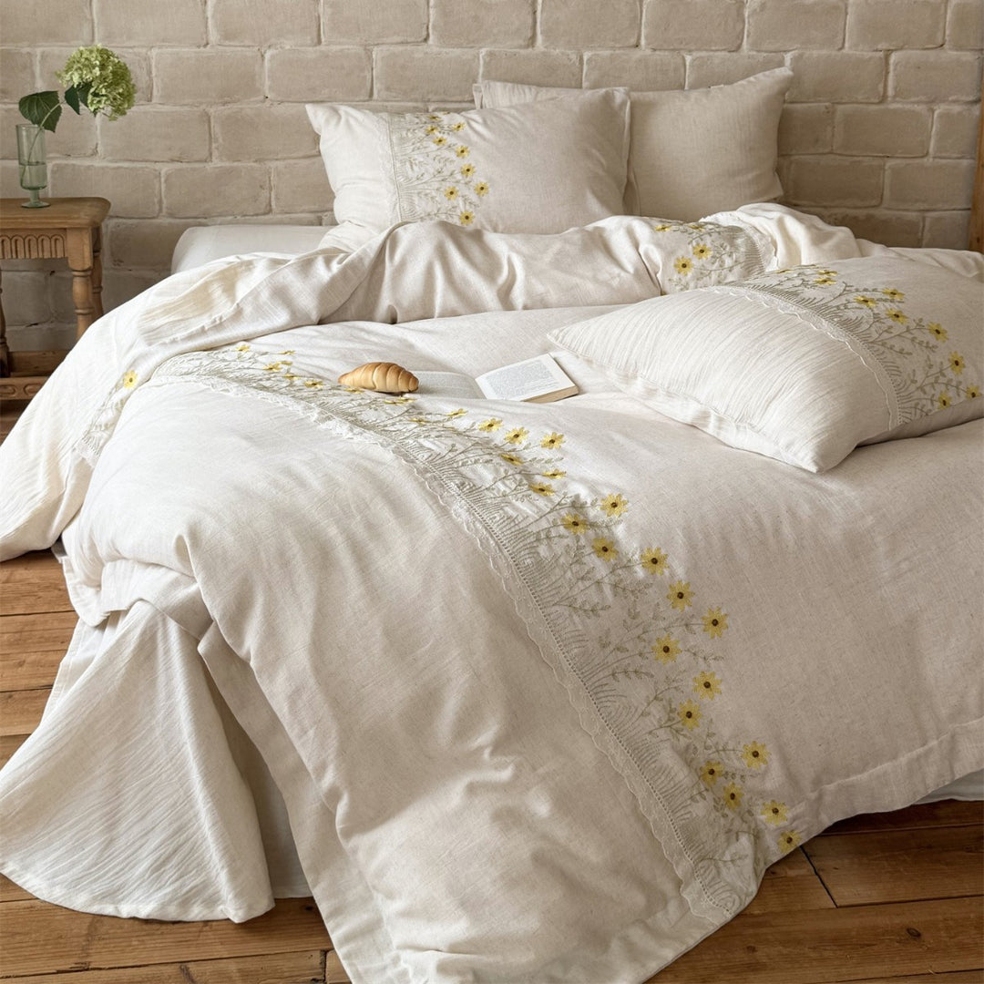 Ländlichen Stil Botanisch Gestickte Leinen-Feeling Bettbezug Ensemble mit Wellenförmiger Spitzenbordüre
