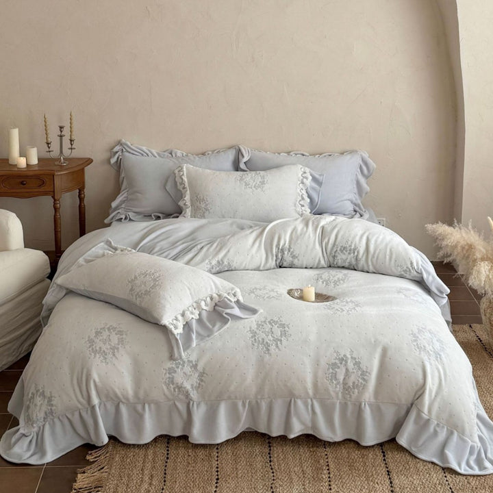 Umkehrbare florale Rüschensaum Bettbezug Set mit Kissenbezügen & dekorativem Bolster