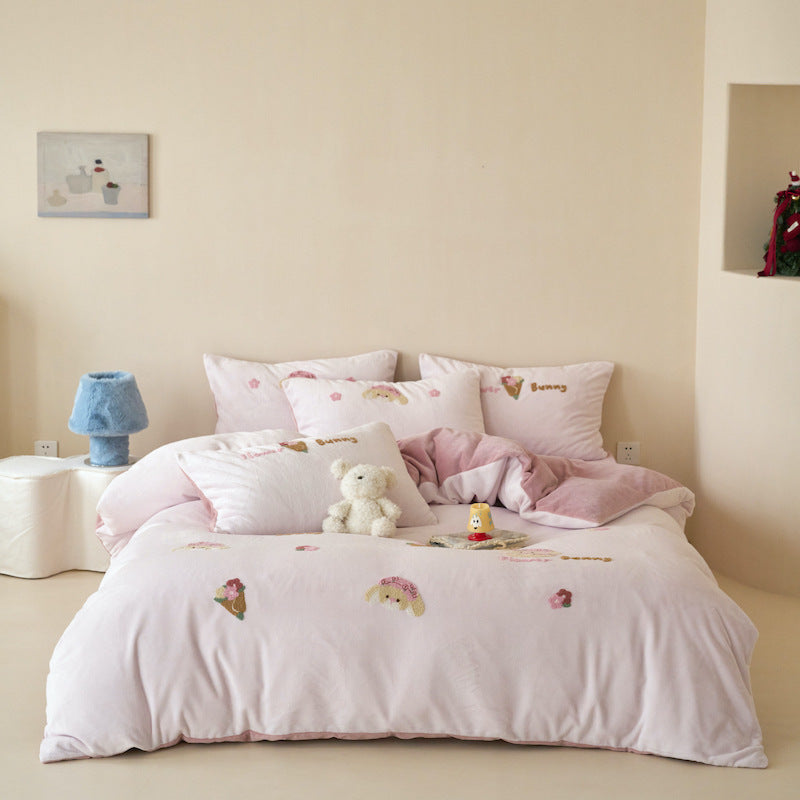 Plüsch Besticktes Fleece Bettbezugset mit Bienenmotiv und Kissenbezügen