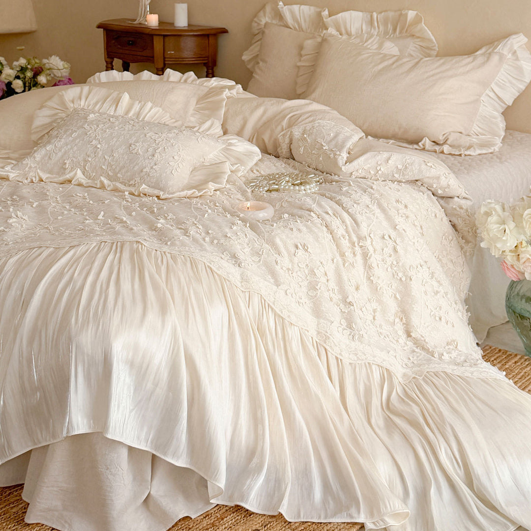 Rüschend Floral Bestickte Leinen Bettwäsche Set