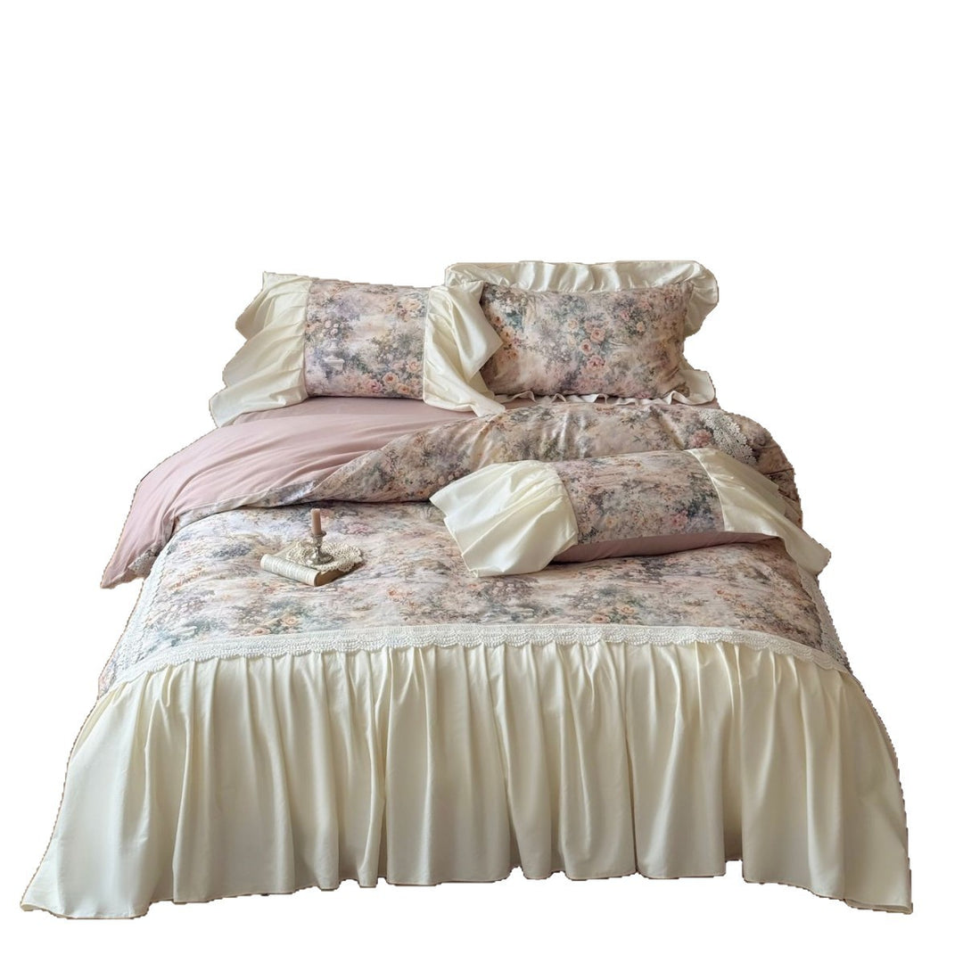 Vintage Floral Ruffled Bettbezug Ensemble mit gerafftem Bettrock