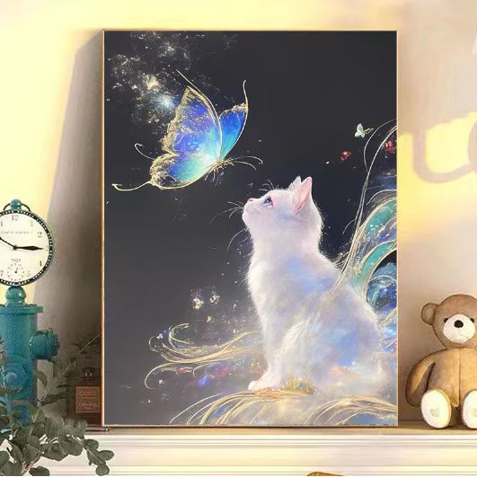 Verzaubernder Katzen- und Schmetterlings-Kunstdruck Karnz