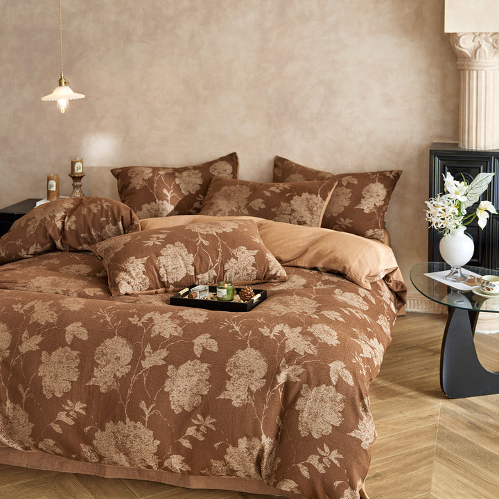 Florales Jacquard Baumwoll-Leinen Bettbezug Set mit Wendbarem Satin Rücken