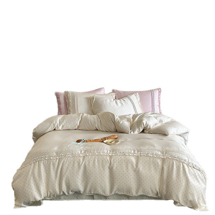 Punkte-Baumwoll-Satin Bettwäsche-Set mit Rüschenschlafkissen