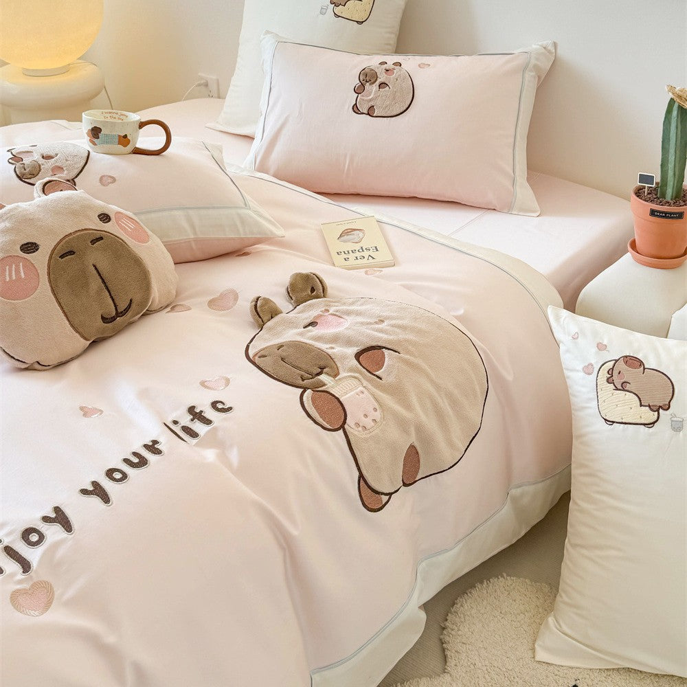 Kawaii-Bettwäsche-Garnitur mit applizierten Plüschbären und atmungsaktivem Baumwollsatin