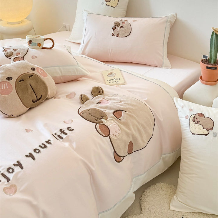 Kawaii-Bettwäsche-Garnitur mit applizierten Plüschbären und atmungsaktivem Baumwollsatin