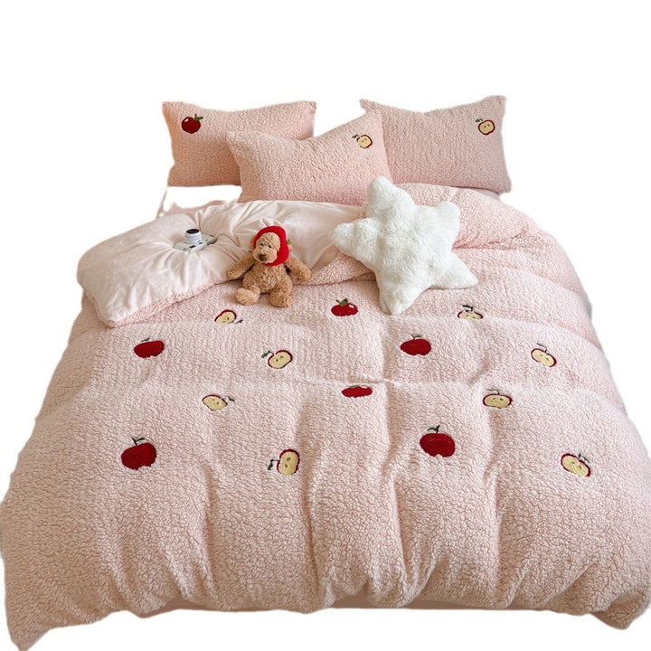 Plüsch-Steppbett-Garnitur mit Kaninchen-Stickerei und Sherpa-Oberfläche