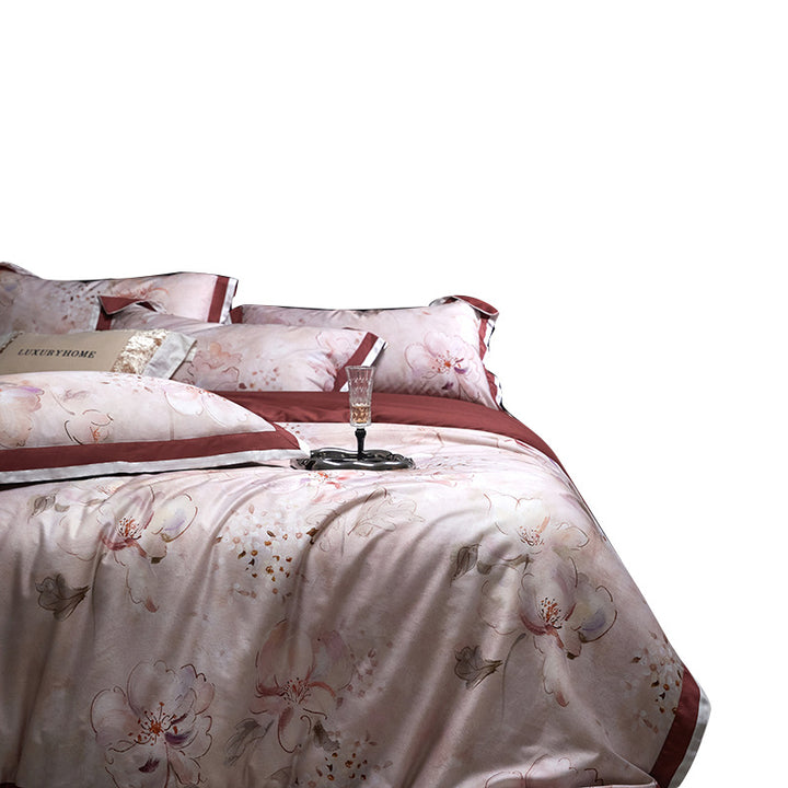 Fein gewebtes Satin-Bettwäsche-Set mit Aquarellblütenprint, Satinkante & Hotelverschluss