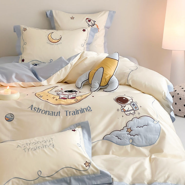 Kinder-Bettwäschegarnitur mit Astronauten-Motiv und weichem Baumwoll‑Satin