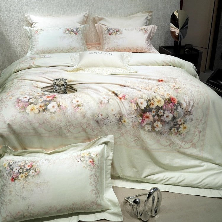 Luxuriöses Floral-Mikrofaser-Satin-Bettbezug-Set mit wendbaren dekorativen Kissenbezügen